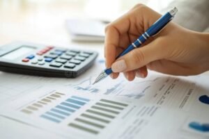 calculatrice et documents financiers sur bureau lumineux