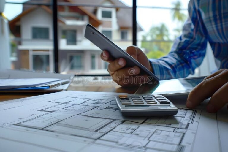 calculatrice et maison en arriere plan flou