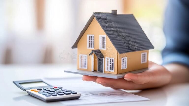 calculatrice tirelire et maison miniature sur table