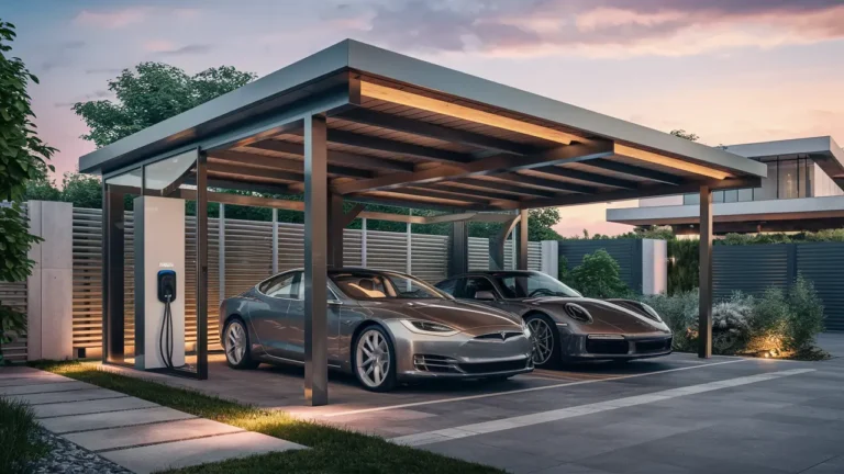 carport moderne avec voiture sous abri lumineux 1