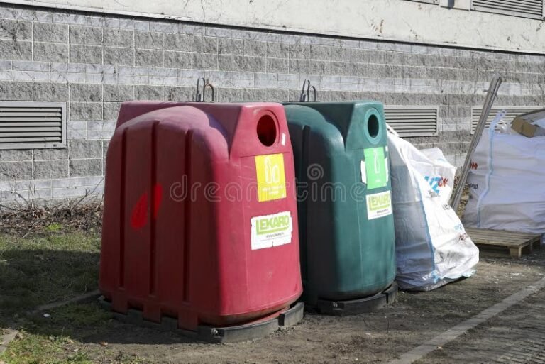chantier avec differentes poubelles de tri colorees