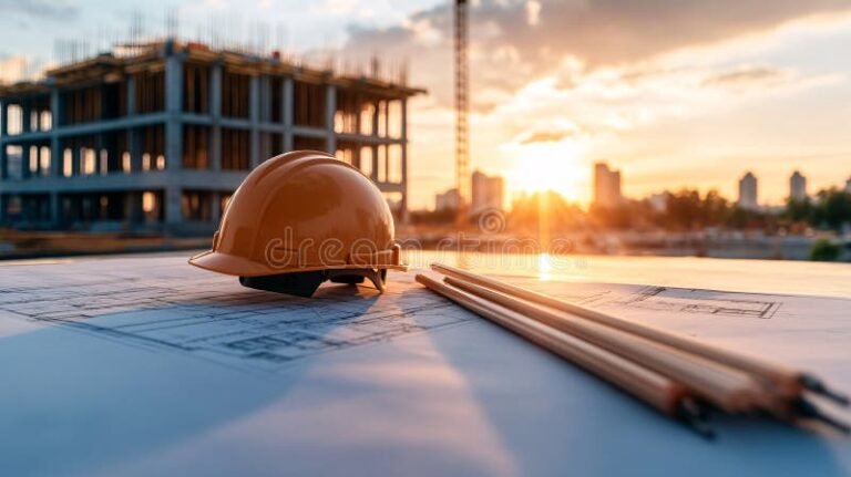 chantier construction avec casque et plans