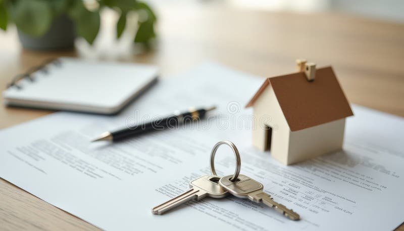document immobilier avec cle et maison miniature