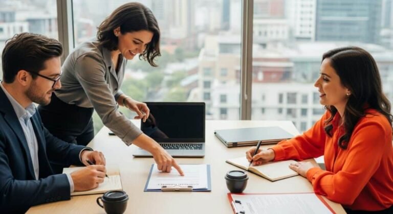 employes discutant autour dun contrat salarial