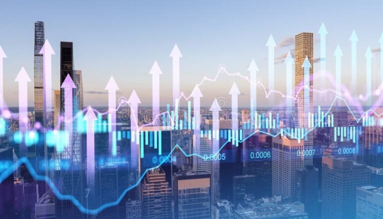 Qu’est-ce qu’une Société Civile de Placement Immobilier (SCPI) 14 immeubles modernes avec graphique financier superpose