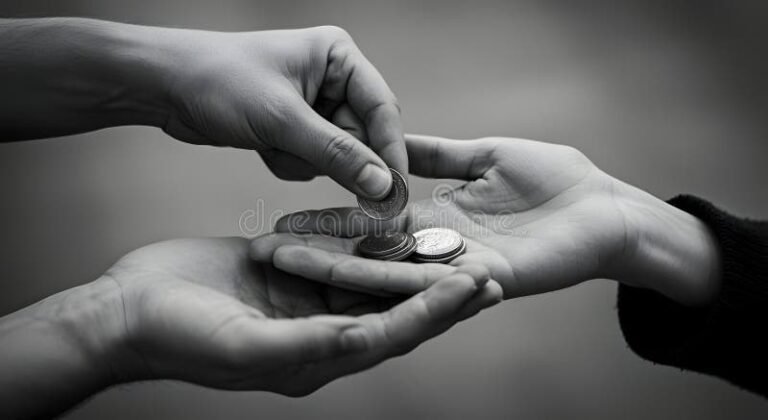 main donnant une piece a une association caritative