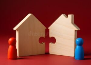 maison divisee avec symboles de divorce