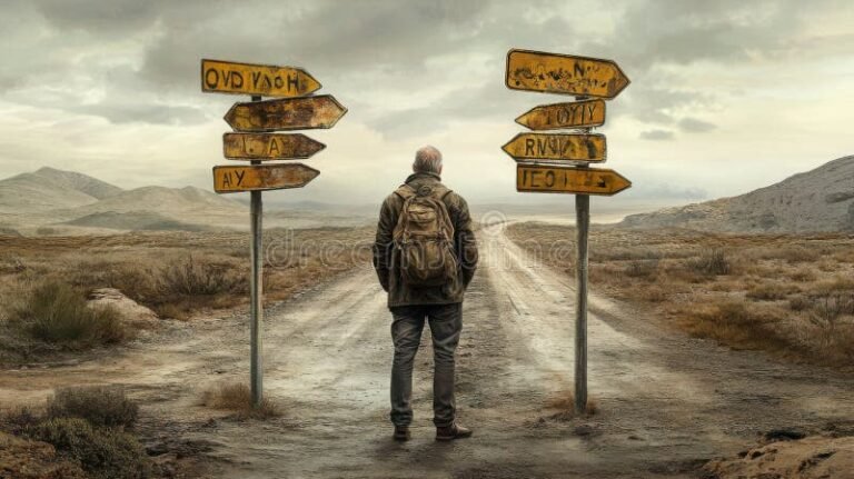 personne reflechissant devant deux chemins divergents