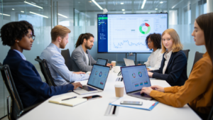 personne reflechissant devant plusieurs banques modernes