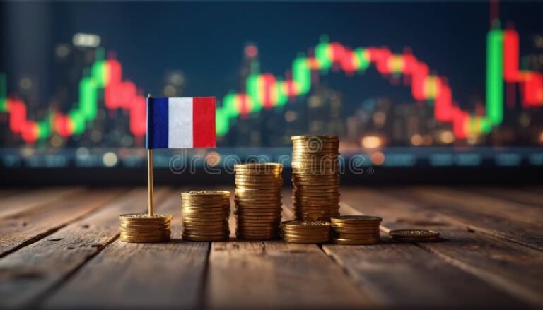 pile de pieces avec drapeau francais flou