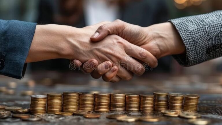 poignee de main avec pieces de monnaie entre deux personnes