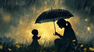 silhouette humaine protegee par un parapluie lumineux